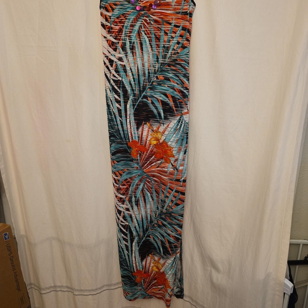 Frank Lyman Dress Womens 8 Multicolor Tropical Palm Pleated Tank Maxi Sheer Knit